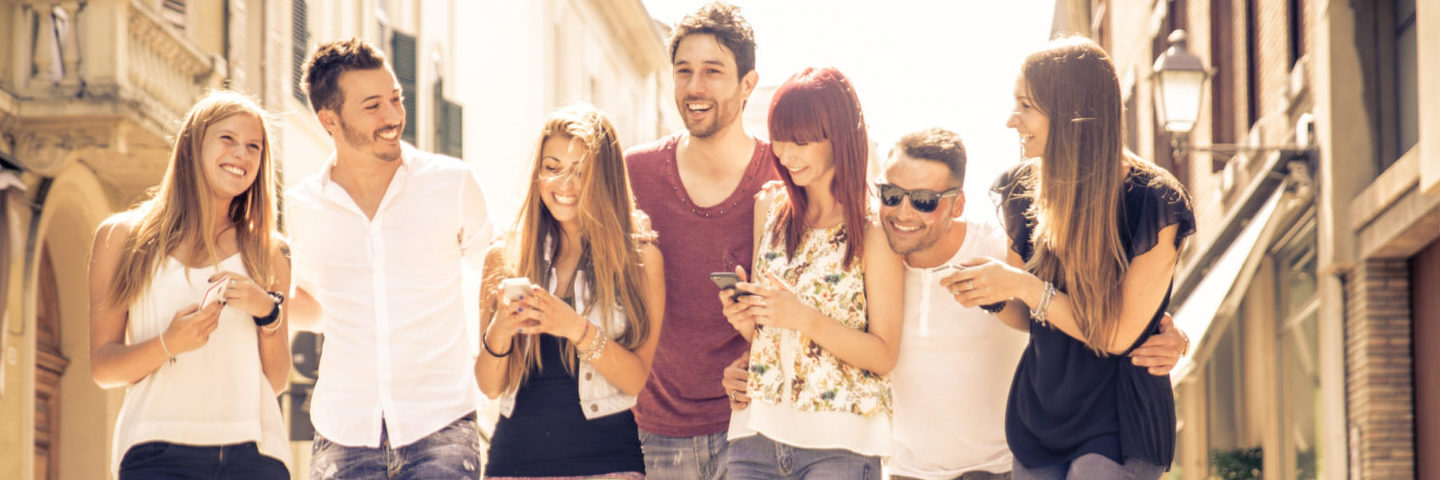 group of friends meeting in the city center